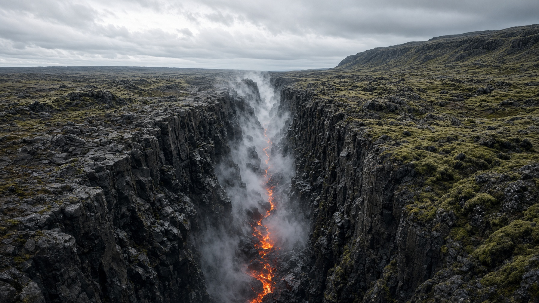 Sprekk i basalt og vulkansk rifting på Island der to plater glir fra hverandre