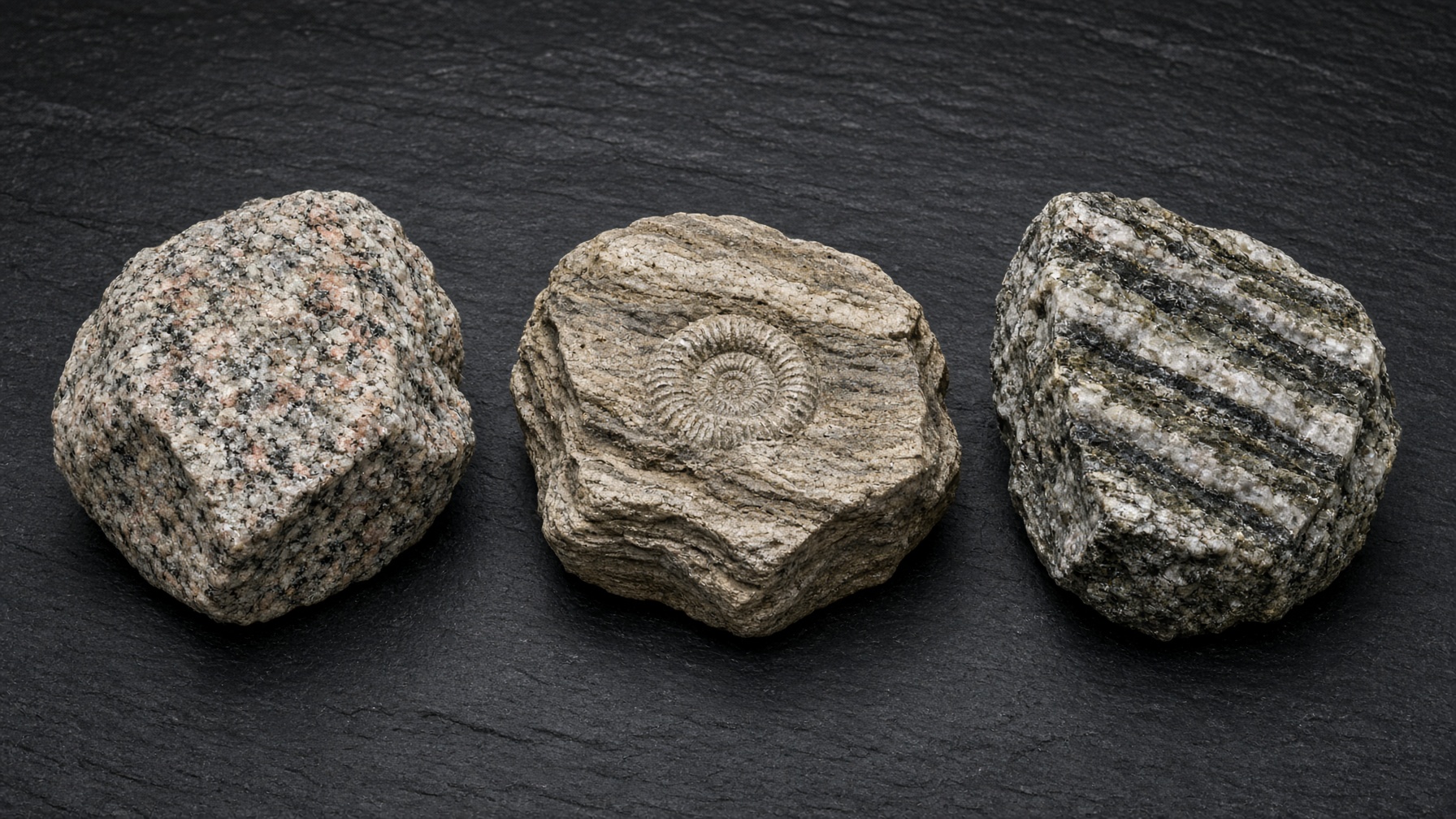 Tre håndstykker: grovkornet magmatisk bergart, lagdelt sedimentær bergart og stripet metamorf bergart