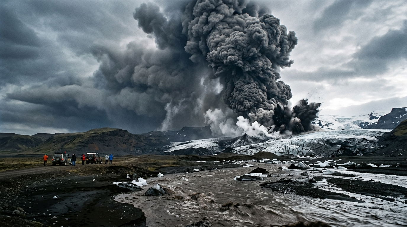 Eyjafjallajökulls utbrudd i 2010, med askesky over isbreen