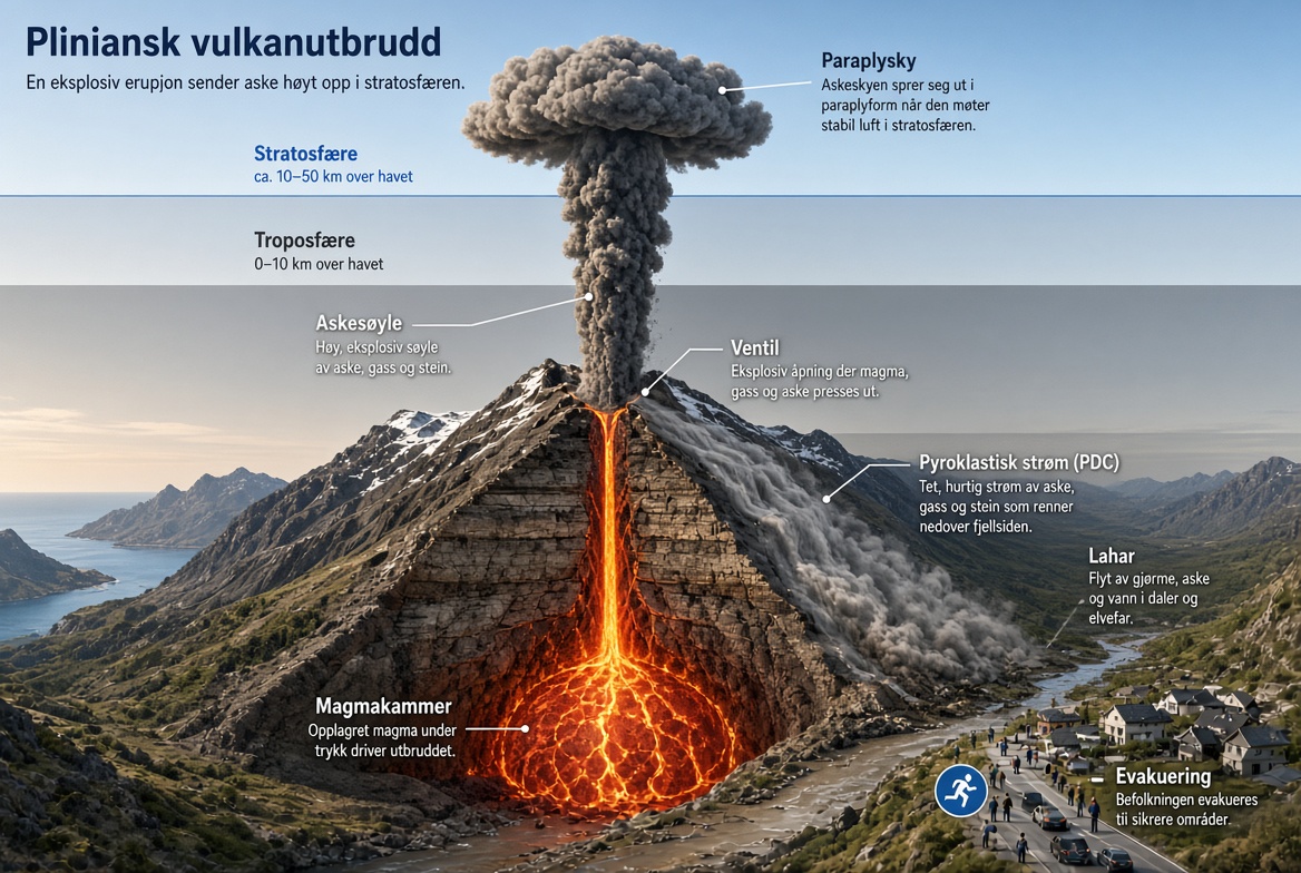 3D-tverrsnitt av et pliniansk utbrudd med askesøyle, paraplysky, pyroklastisk strøm og lahar