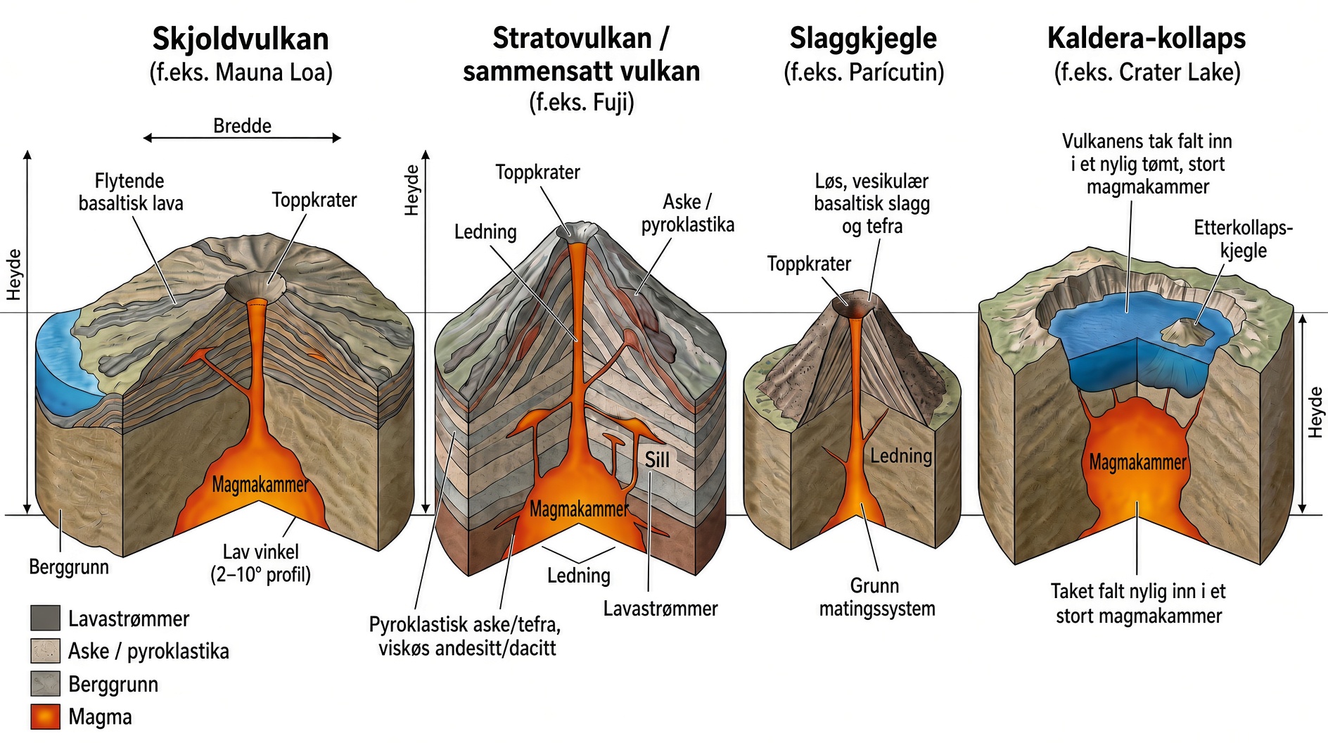 3D-sammenligning av skjoldvulkan, stratovulkan, sinderkjegle og kaldera