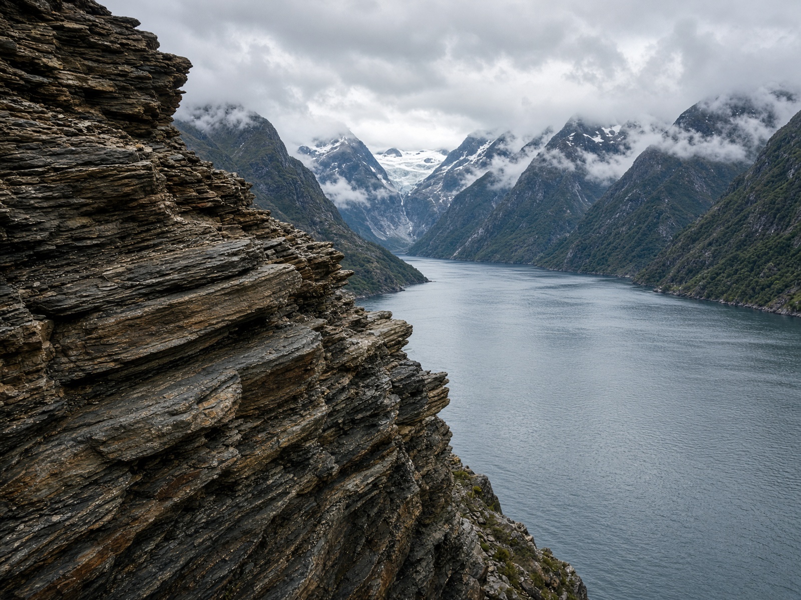 Lagdelt berg i forgrunnen og en fjord med bratte dalsider og bre innerst